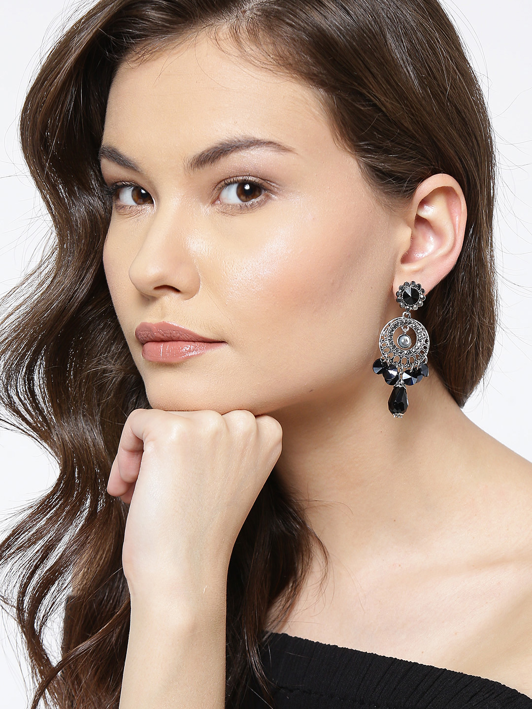 YouBella Black Silver-Plated Stone-Studded Drop Earrings